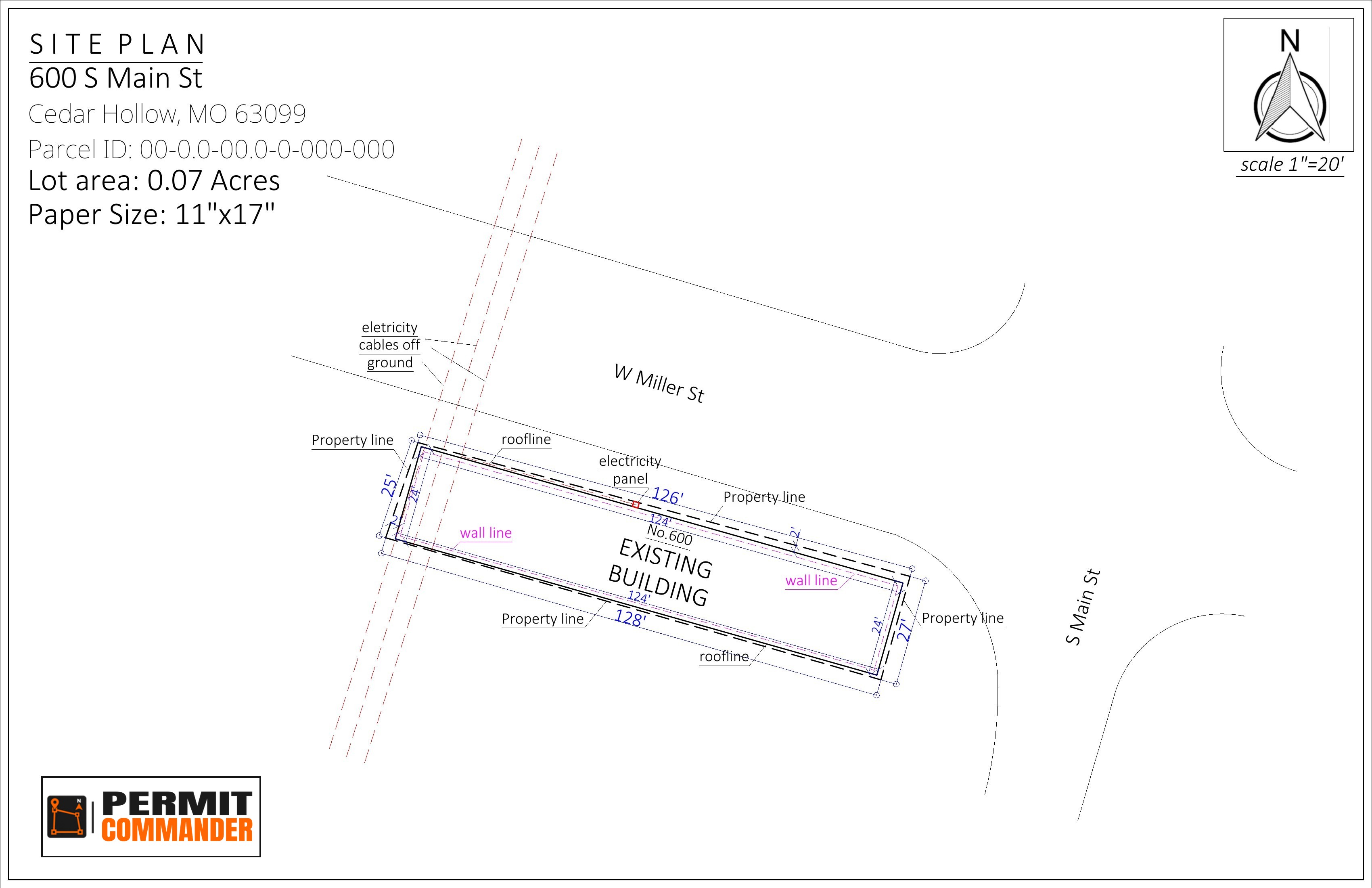 Finished 11 by 17 permit site plan at 1 inch equals 20 feet with dimensioned property lines, existing building, streets, north arrow, scale and Permit Commander title block